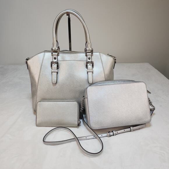 Michael Kors Purse Set of 3 Silver Metallic Shiny Handbag Crossbody Wallet Match - Picture 2 of 15